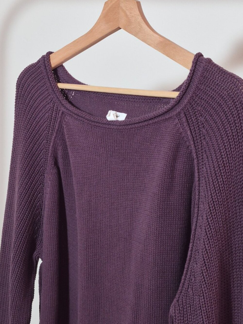 Aerie Women’s L 100% Cotton Raglan Knit Sweater Purple Wide Neck Slit Cuffs